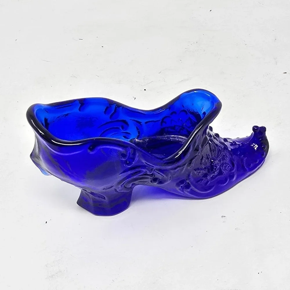 Vtg Mosser Victorian style cobalt blue glass slipper pointed toe shoe whimsical